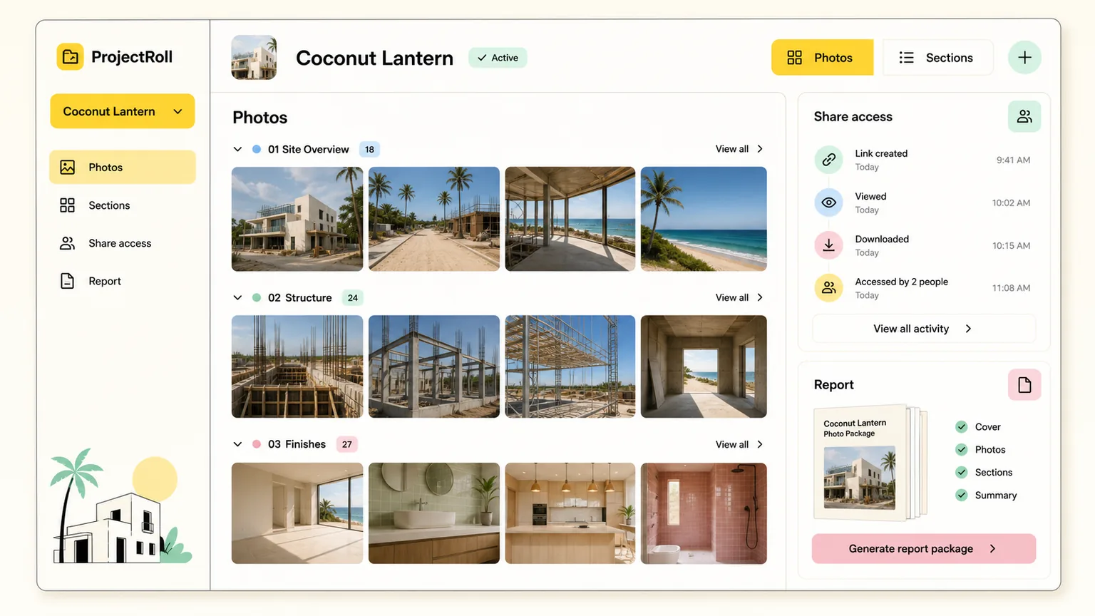 ProjectRoll dashboard showing organized project photos, sections, share access, and report tools.