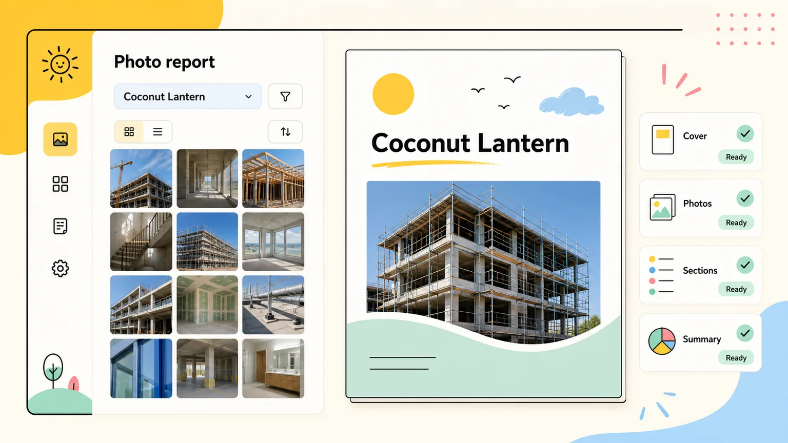 ProjectRoll photo report mockup showing organized photos and a report preview.