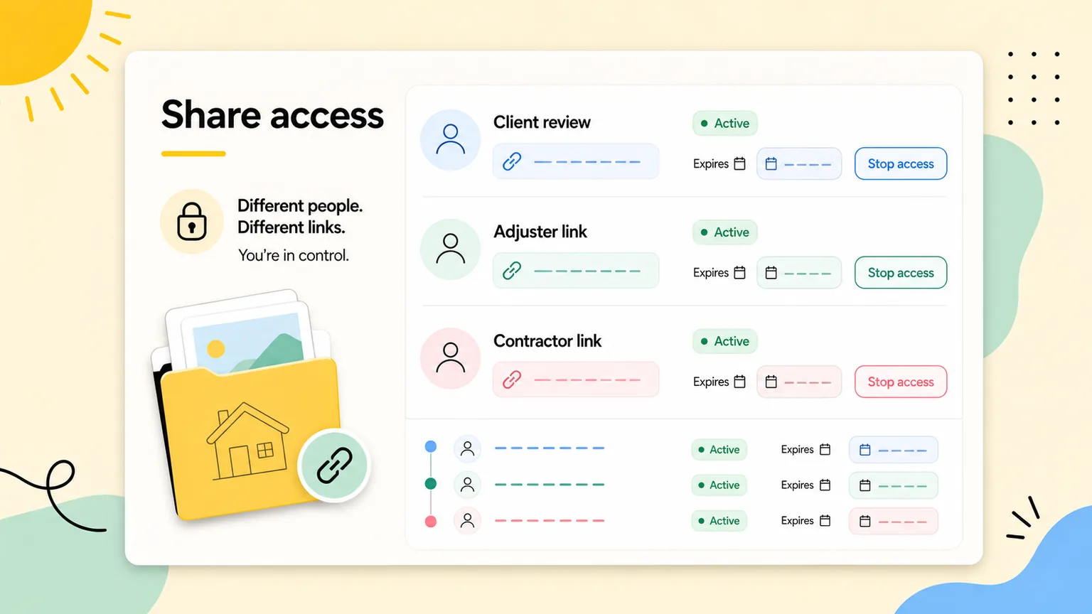 ProjectRoll share access mockup showing separate private links for clients, adjusters, and contractors.